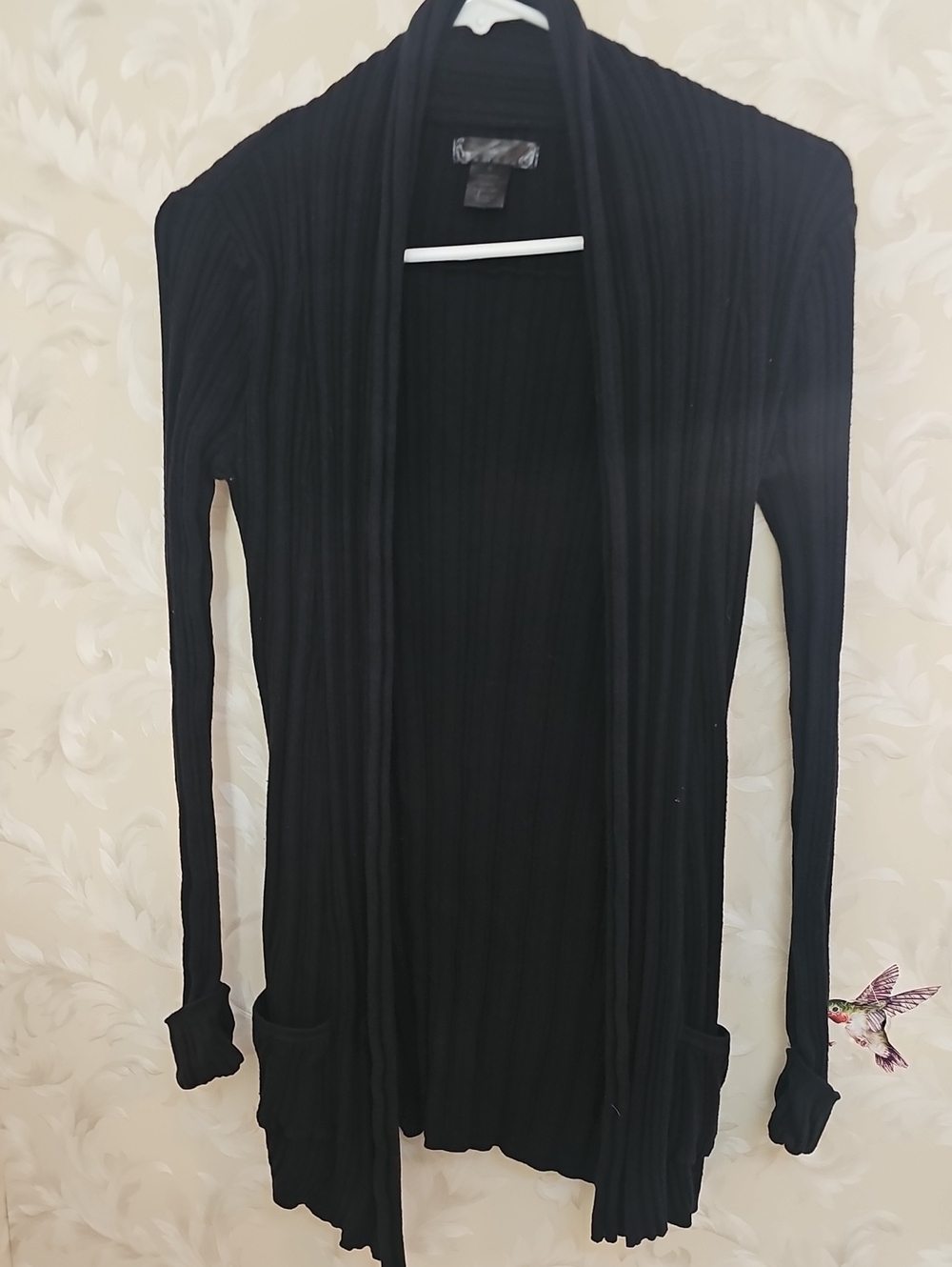 Long Black Ribbed Open-Front Cardigan with Pockets